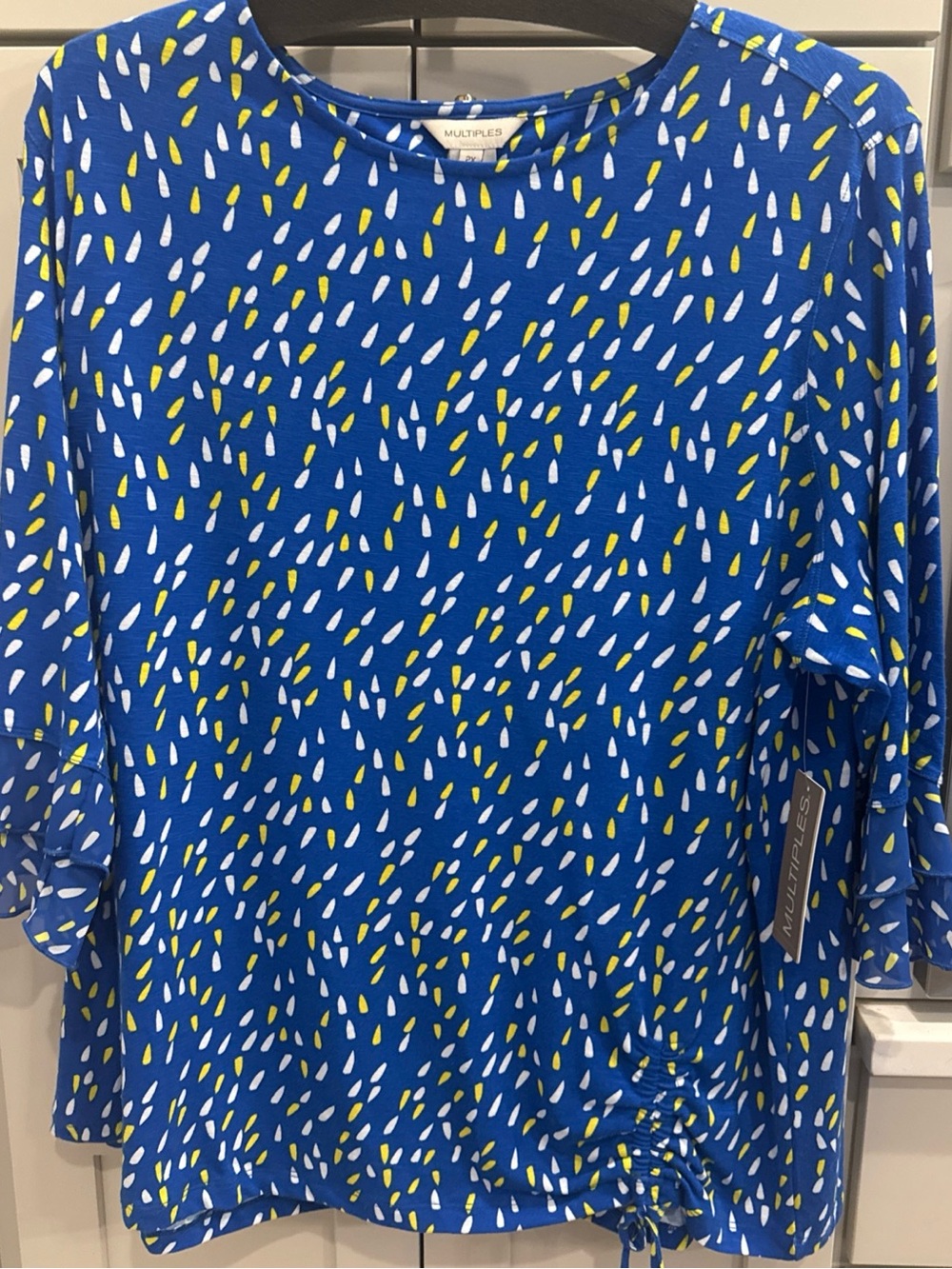 NWT Multiples Women Abstract Ruffle Bell Sleeve Drawstring Hem Top Blouses 2X